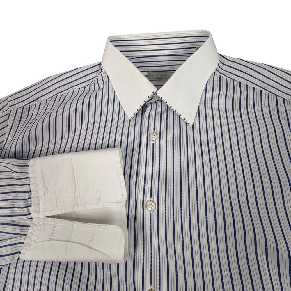 Stefano Ricci Mens Button Down Shirt French Cuff Contrast Collar Striped Blue
